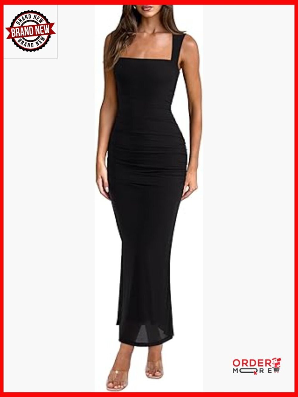Sleeveless Square Neck Ruched Bodycon Maxi Dress for Women, Sheer Mesh